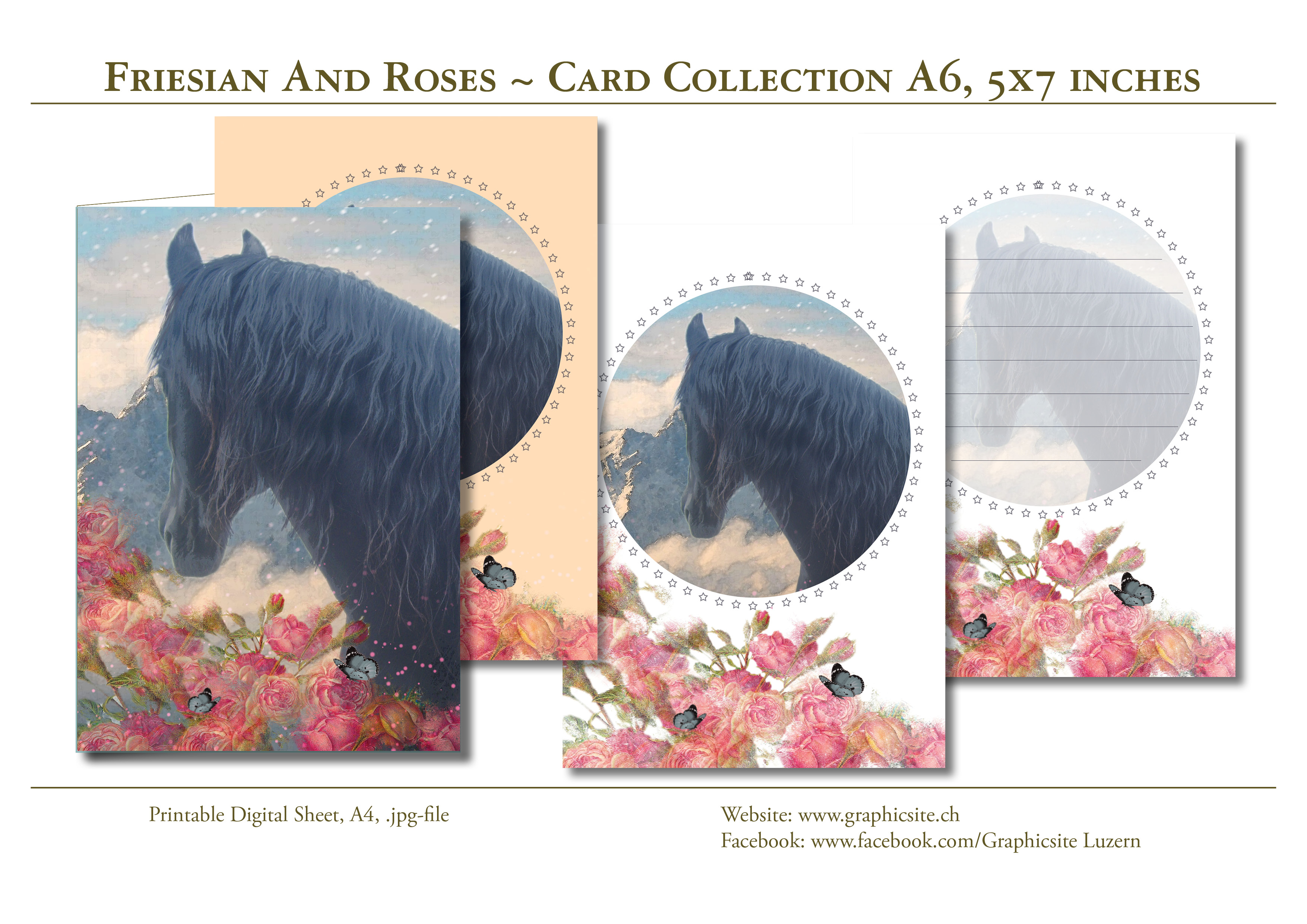 Printable Digital Sheets - DIN A-Formats - Cards, Greeting Cards, Collection, Horse, FriesianAndRoses, Graphic Design, Luzern,